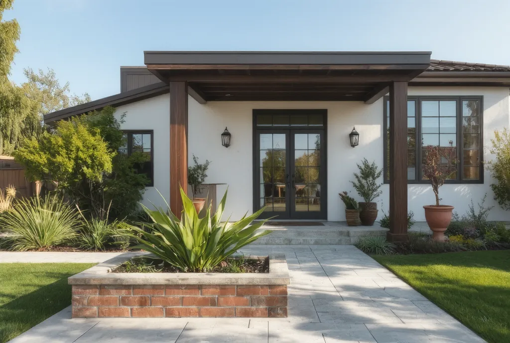 A modern house (style:1.2), minimalist design, featuring a clean white exterior with wooden accents (elements:1.3). The entrance boasts large glass doors framed by elegant, decorative light fixtures, creating an inviting ambiance. Surround the house with l...