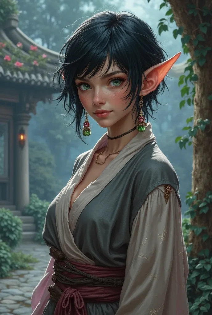 A detailed fantasy portrait of an sexy 18-year-old half-elf female monk with a slight elven grace. She has short, black hair, green eyes and alabaster skin with iridescent dragon scales the frame her face and short ears she's 5'7, 110lbs, 32,24,34 c-cup sh...