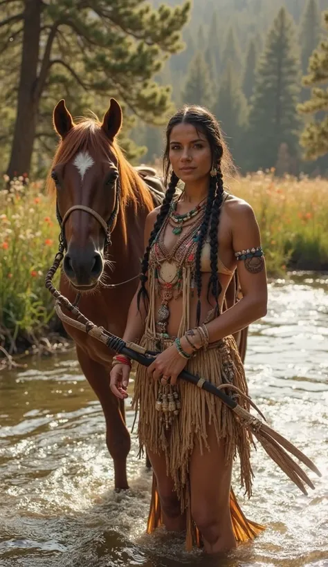 "A beautiful and powerful Native American warrior woman from the Apache nation standing in a shallow river with her horse. She has long, dark braided hair adorned with feathers and beads, her face painted with subtle war markings. She wears a traditional b...