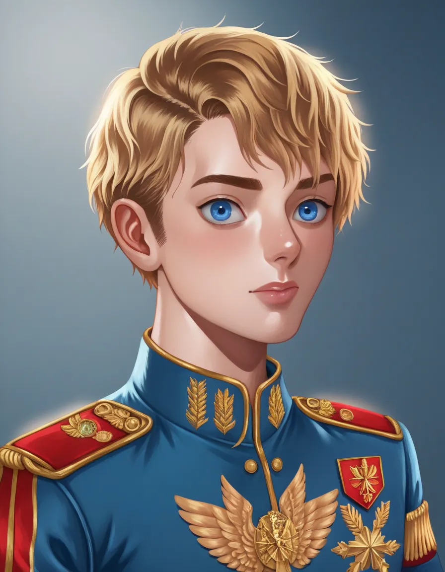 Photorealistic portrait of a young Russian general 40 years old, ((with very short hair))) (box:1.2) and blue eyes, wearing a ceremonial military uniform, with many orders and medals, with a blue award ribbon over his shoulder, with ((gold epaulets)) on hi...