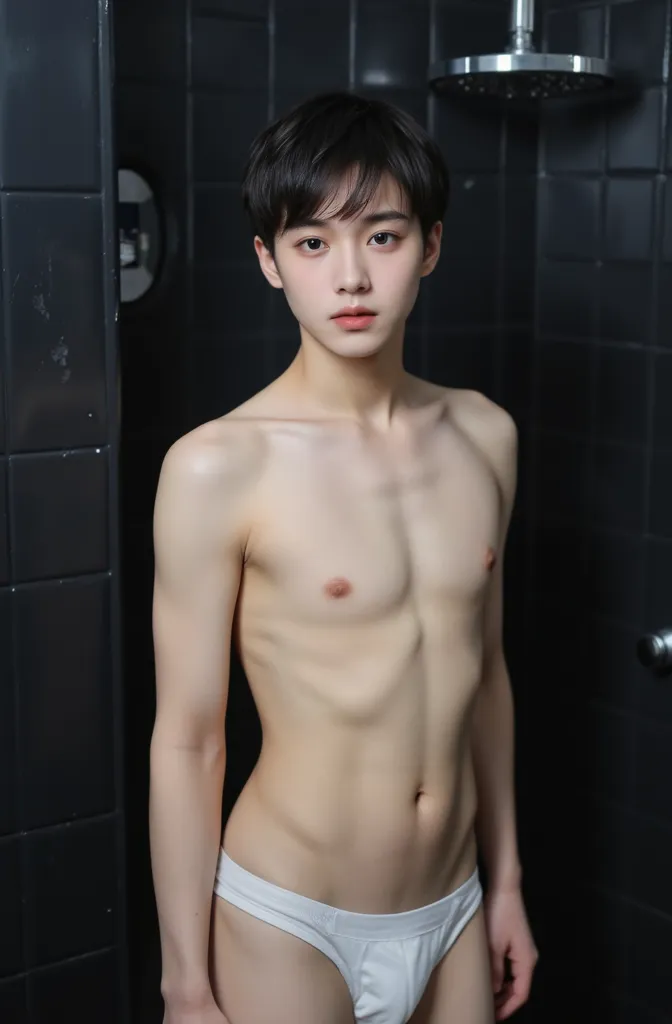 1 boy、 pretty boy、18 years old、Japanese ager、 black hair、white underwear、short hair、crotch bulge、naked、Baby Face、全naked、full body,dark eyes,shower room with black ruffles