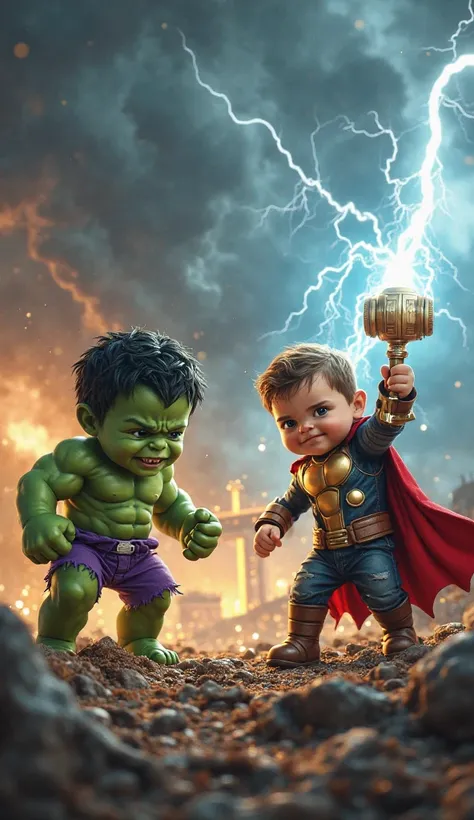 "A stormy Asgardian battlefield with lightning crackling in the sky, dark clouds swirling, and the golden Bifrost bridge glowing in the distance. On the left, Baby Hulk—chubby but over-muscular, slightly green, wearing tiny torn purple shorts—smashes the g...