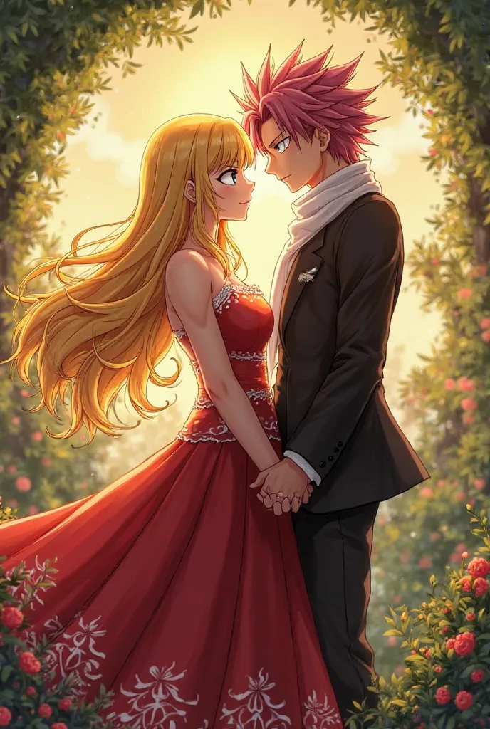 Lucy heartfilia in red dress and Natsu dragneel in black suit 