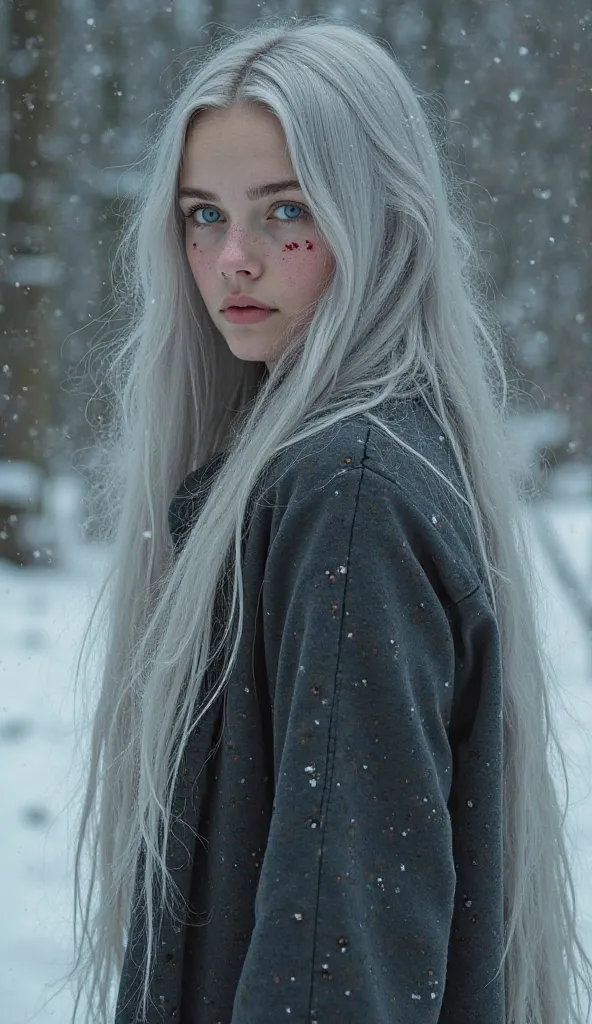 A 24-year-old girl with long silver hair, smooth and always a little disheveled, falling in soft layers up to the waist.

Ice-blue eyes, intense, like a winter sky.

 pale skin, marked by scars that tell her story of pain and survival.

Two scars on the fa...