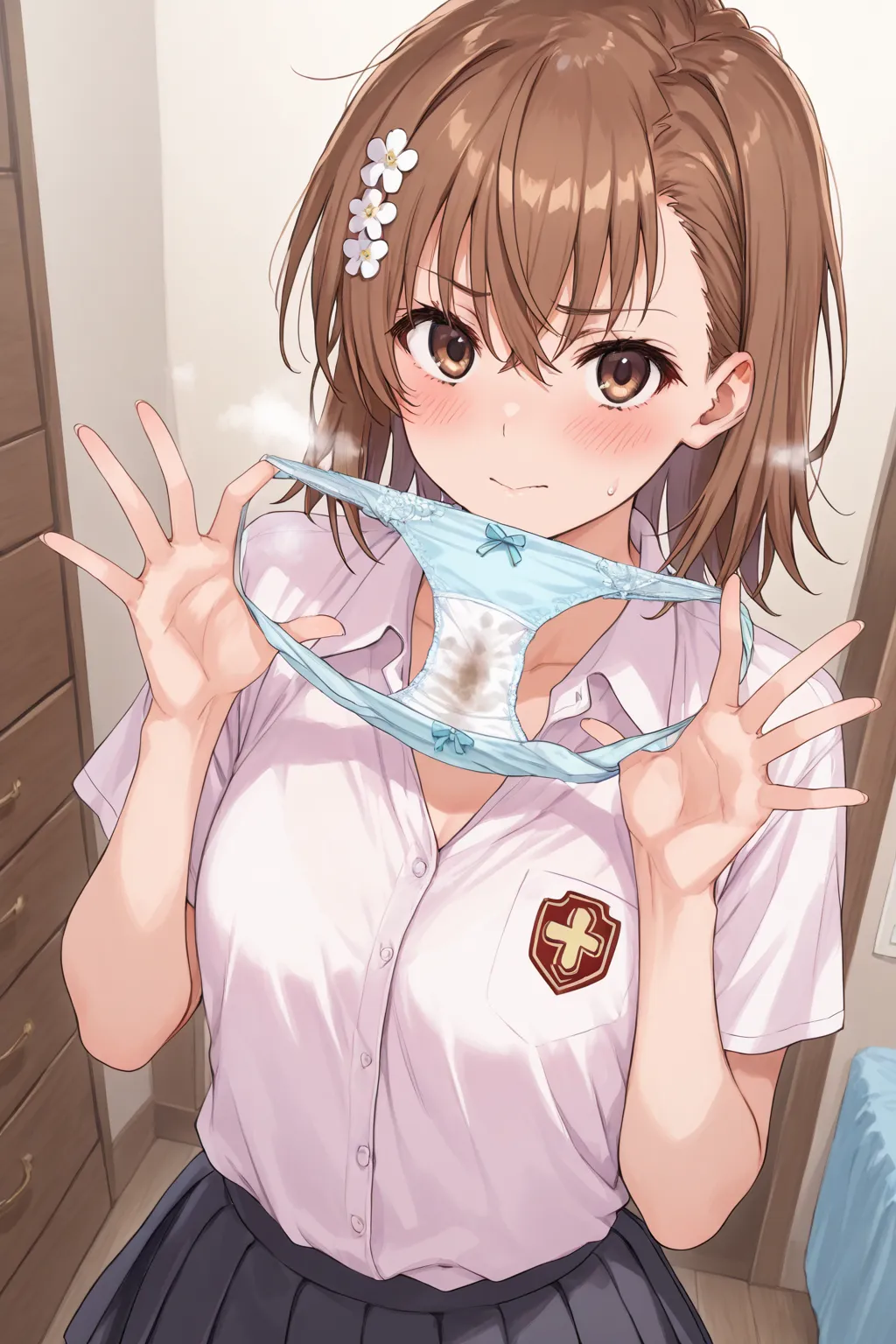 Beautiful Girl、Misaka Mikoto、pleated skirt、blush、 girly room、chest of drawers、chest of drawersの引き出しが開いている、chest of drawersの中には下着、panties in hand、holding panties with both hands、steam from panties、chest of drawersが開いてる、shows off her panties、Crotch、panties c...