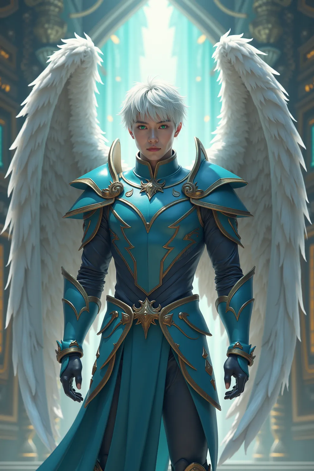  Masterpiece , top quality ,Full body cutie , super realistic, 1 man, white skin, With 4 wings huge wings full of feathers , green eyes, blue armor, Scenario from the fantasy Celestial City , Short white hair, In the background you are standing in a huge c...