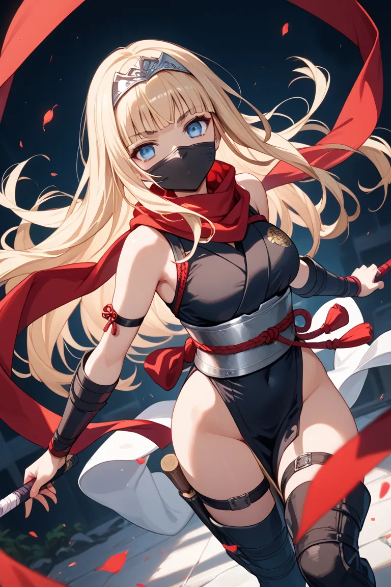 1girl,blunt bangs,blue eyes,thigh high boots,light blonde long hair,covered navel,empty eyes,dynamic angle,dynamic pose,adult female,red scarf,ninja slayer,black mouth mask,black tiara