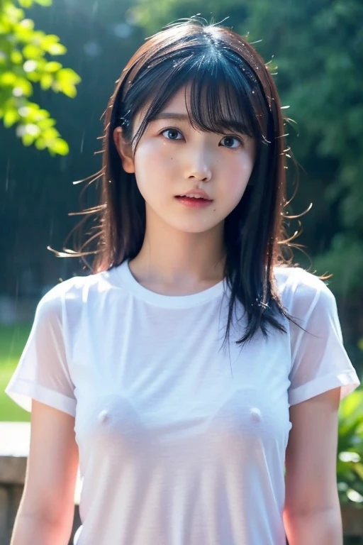 nsfw,one japanese cute 26yo girl,white T-shirt,see-through,nipples standing out from under clothing,boobs,small breasts,wet body,wet hair,cute face,embarrassed,bob hair,outdoor,((rain)),masterpiece, extremely fine and beautiful, (((big eyes))), nipples