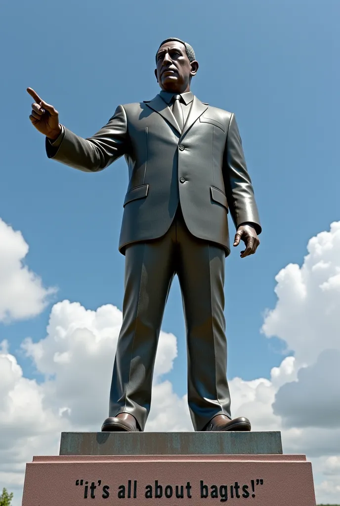 A statue of Benjamin Netanyahu with his accusing arm outstretched forward and an inscription in English "It's all about BAGATS!"