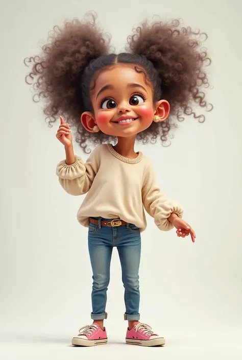 A girl in a soft fluffy blouse and jeans. A caricature is a caricature. , big head. In full growth. Dynamic pose