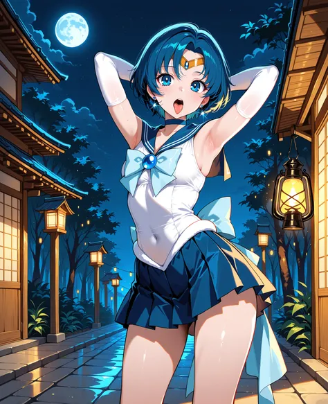 (masterpiece, best quality, very aesthetic, Ultra High Definition), complicated details, 4K, mercury,  short hair,  Lantern, tiara, earrings, blue eyes, blue choker, blue sailor color to hold down clothes,  , white shirt,  elbow gloves on my armpit tongue ...