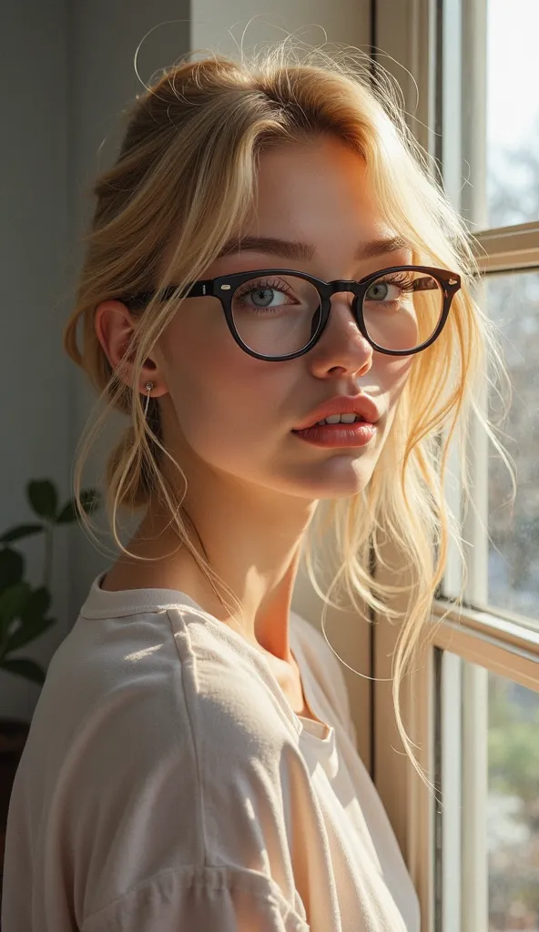 blond woman with glasses looking at camera in front of window, a photorealistic painting inspired by Yanjun Cheng, tumblr, photorealism, with glasses, with glasses on, thick glasses, big round glasses, spectacled, glasses, with square glasses, blonde and a...