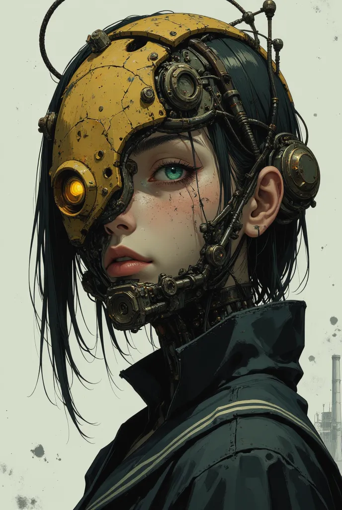 facing forward,(The vertical half of the face is machine-made and exposed)，I have long bangs,is a cyberpunk digital close-up painting、High School Girls (10th generation women,I'm wearing a black sailor suit),  Right in front of you . The character's face i...