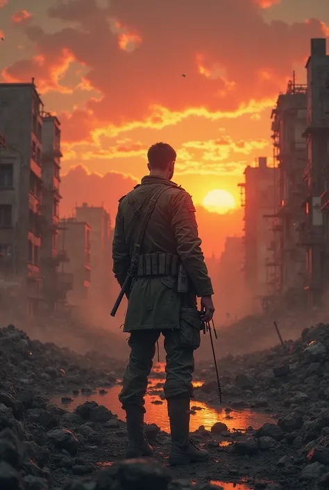 Man standing with his back to the ground, his clothes torn, in the middle of war, fire and destroyed buildings. A shell in the sky at sunrise.