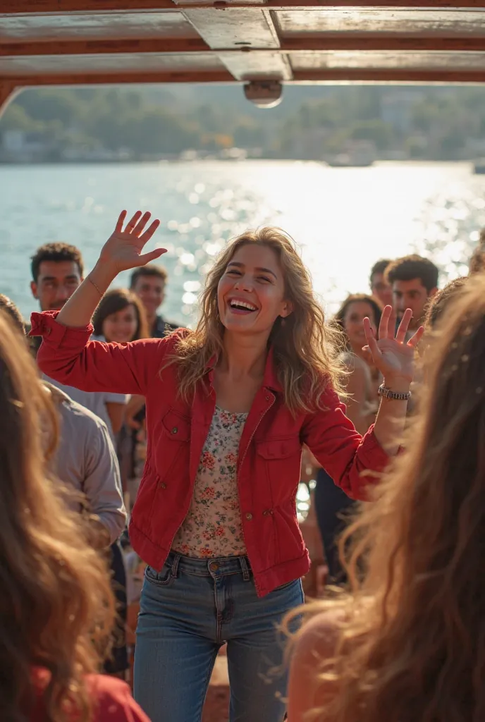 A  having fun on a ferry in Türkiye and people smiling while watching him