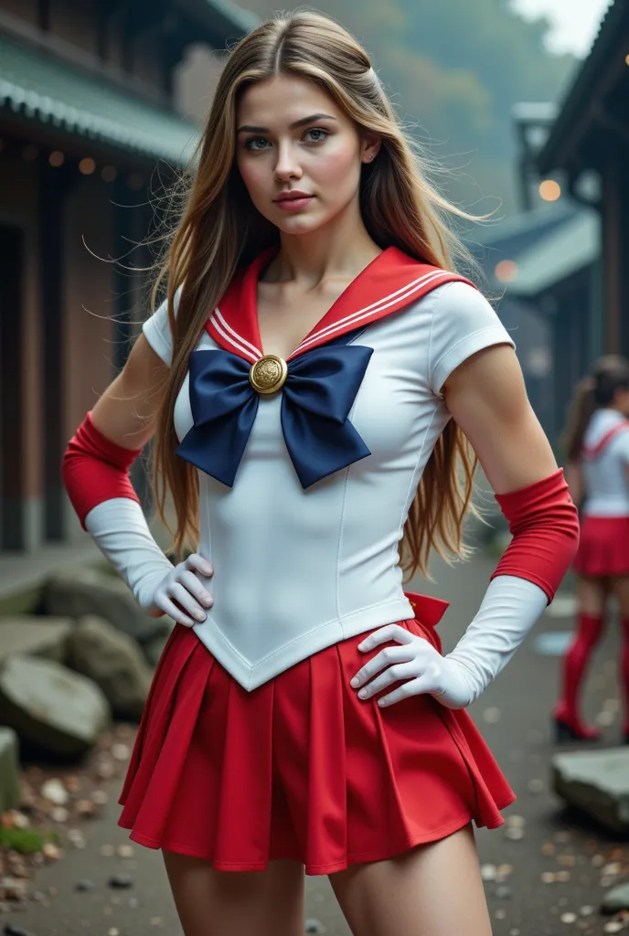  cute european woman,hot sailormoon cosplay ,posing , epic action scene,real photo,full body,young,sweet,modelposing,full image,stock,white overarm gloves, red overknee boots,hot look