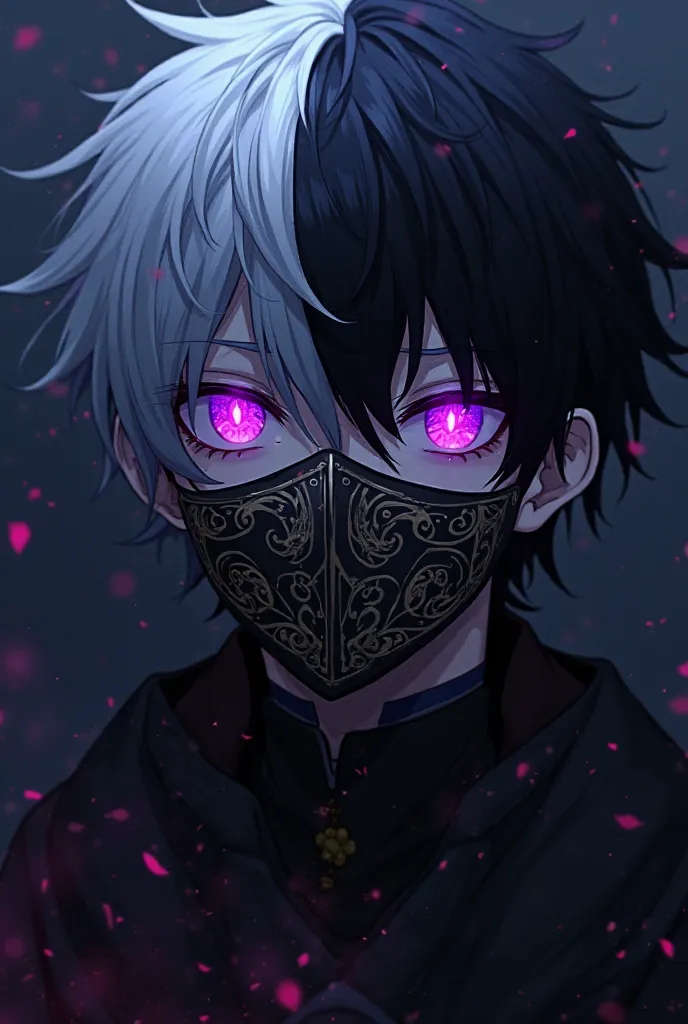 An anime boy with black and white hair, purple glowing eyes, wearing a mask