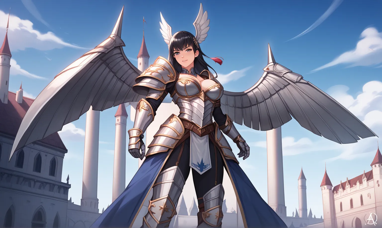  Silver Long Hair Dark Black Skin Big Chest Women， Silver Armor ，cleavage，   Slim Fit， Bare waist ，Iron Skirt   ， Bare Thighs，   Steel wings   ，castle， Female Warrior High Resolution  , Single