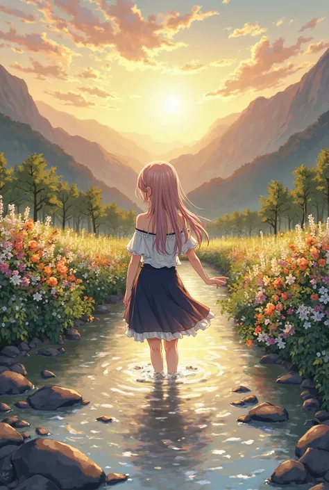 一个位于riverside的小村庄，Mountains in the background，Flowers in bloom， are brightly colored， Detailed Scenery ， Beautiful natural landscape ，Mood lighting，Scorching sunset，flowing creek， girl，riverside，play，Off-shoulder dress，Navel， skirt