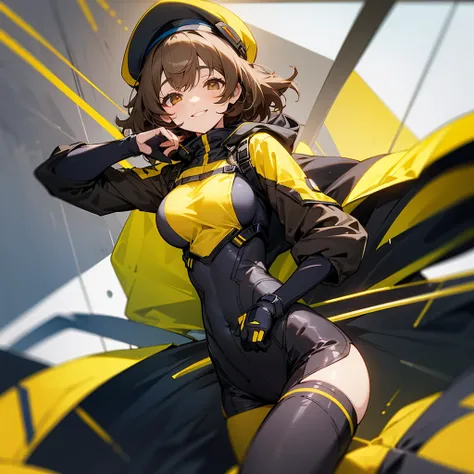 1girl, Anis (NIKKE), half exposed big breasts, black beret, black combat suit, black short pants, Yellow accent color, yellow jacket, sleepy eyes, narrow eyes, brown eyes, light brown hair, smiling,