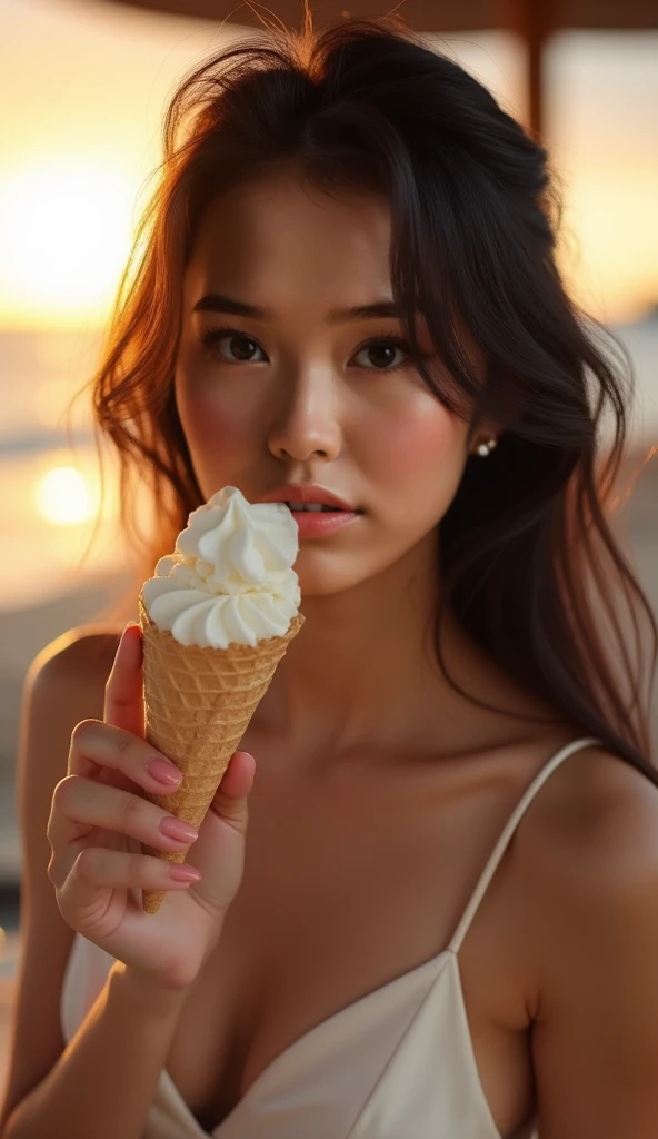 A stunning young Asian brunette with flawless features, deep dark eyes, and silky smooth skin. She is dressed in an elegant, form-fitting dress that accentuates her graceful figure. Holding a delicate ice cream cone just in front of her slightly parted lip...