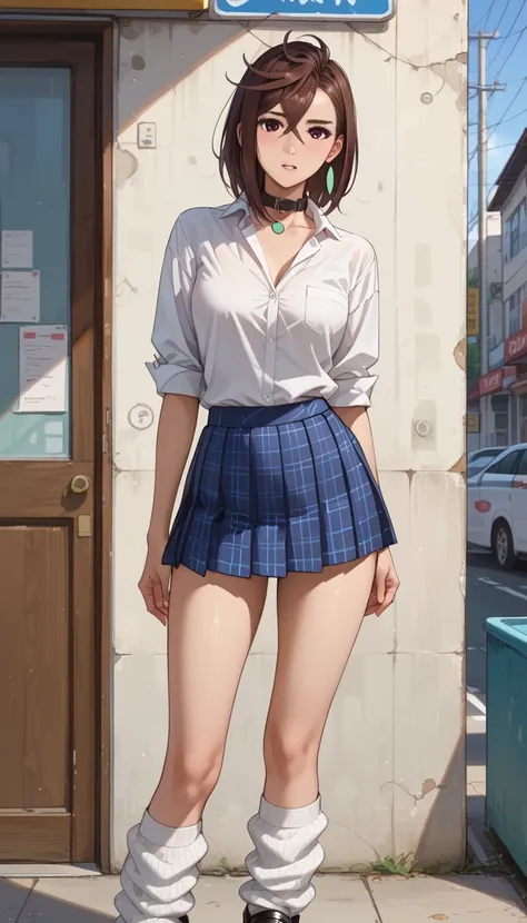  Ayase Momo、brown hair、((( white shirt with collar 、 Unbutton all the way to the 3rd 、 ショー me my chest 、  model posing 、navy blue plaid pleated mini skirt、black loafers、 white loose socks)) 、standing、alone