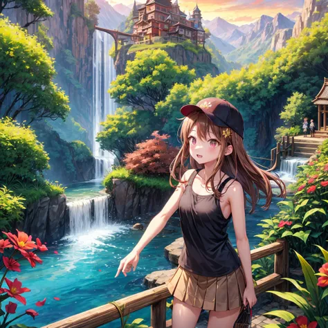 pink brown brown gold hair、 eye、  Has hair tied  、Two cute people、 check miniskirt、  black t-shirt、 Light clothing、 tank top、 camisole、high socks、 Boots、 teeth inside、  The Road Is Crooked 、Mountain々、Stick together  、 bamboo forest、 chest pocket  、rock sal...