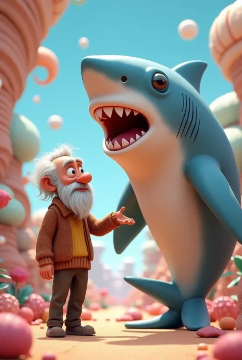 A big old man plays a white shark together in a 3D cartoon fantasy scene