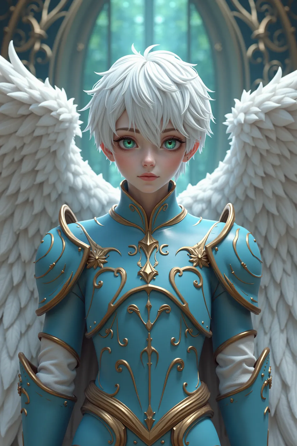  Masterpiece , top quality ,Full body cutie , super realistic, 3 man, white skin, With 4 wings huge wings full of feathers , green eyes, blue armor, Scenario from the fantasy Celestial City , Short white hair, In the background you are standing in a huge c...