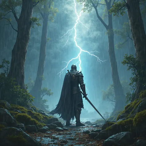 MMORPG style, forest, cloudy, rain, and thunder, knight holding sword, rock, chaos