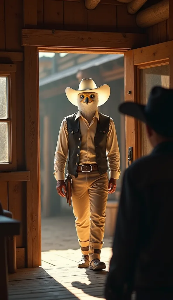 A tall, human-like Bald Eagle dressed in a Western cowboy outfit, wearing a crisp white cowboy hat, a cream-colored shirt, and matching pants. His sharp eyes and confident smirk exude charisma as he steps into an old wooden saloon. The saloon door swings o...