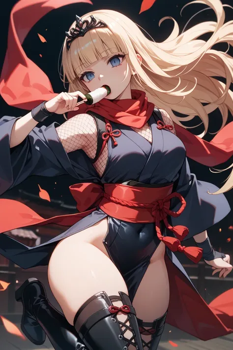 1girl,black tiara,high-slit kimono,blunt bangs,blue eyes,thigh high boots,black cloths with red line,light blonde long hair,covered navel,ninja,fishnets,empty eyes,eyes grow wide,dynamic angle,dynamic pose,adult female,red scarf,（eating nigiri sushi：1.2）