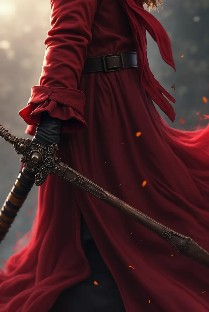 a close up of a person in a red coat holding a sword, a picture inspired by Yamagata Hiro, trending on cg society, auto-destructive art, final fantasy 1 4 screenshot, dante from devil may cry 2 0 0 1, son of sparda, final fantasy 14 style, crimson attire, ...