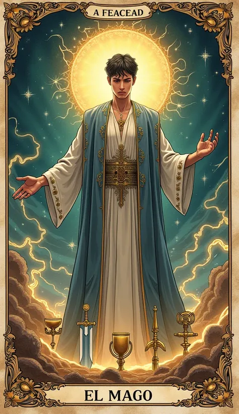 Create the tarot card  "The Magician" That he is a man with a spiritual style with a fine frame and that includes the name in Spanish. Let it be drawing style 