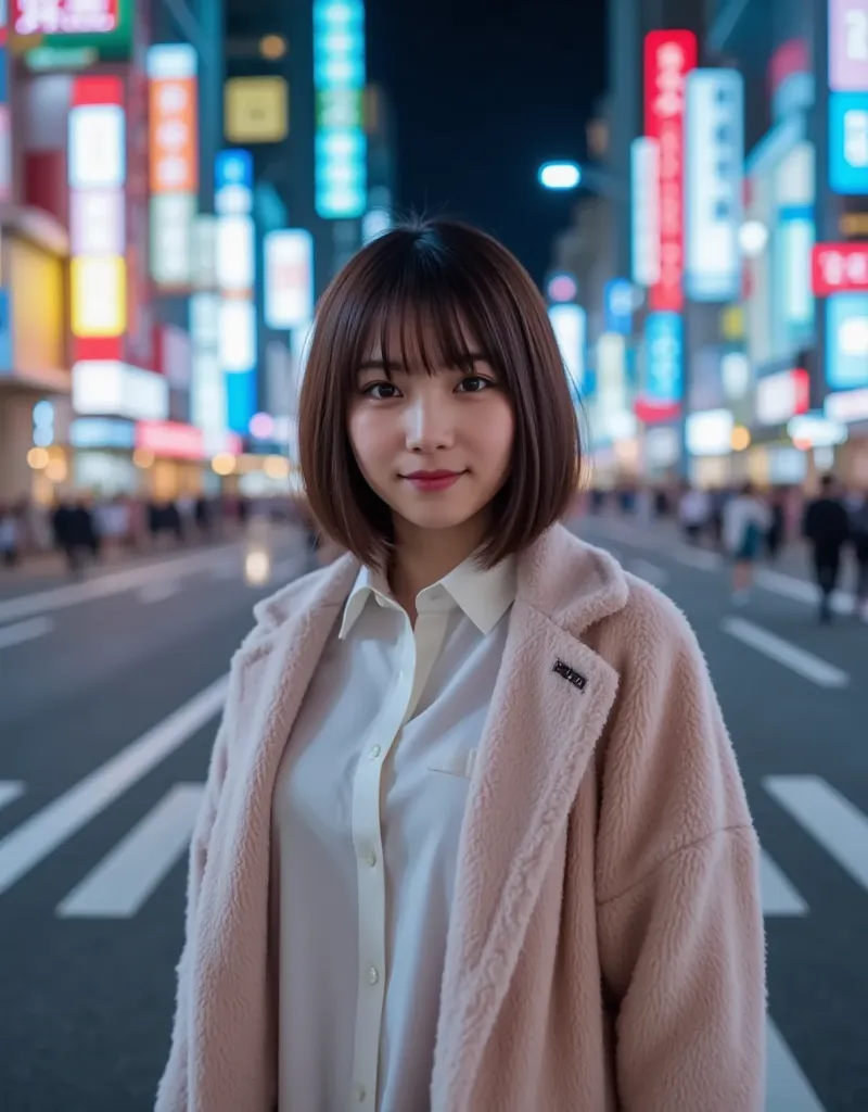 A young and beautiful Japanese woman is walking in the night city of Tokyo. She is wearing a coat and smiling gently. Ultra high resolution, ultra high quality photo.