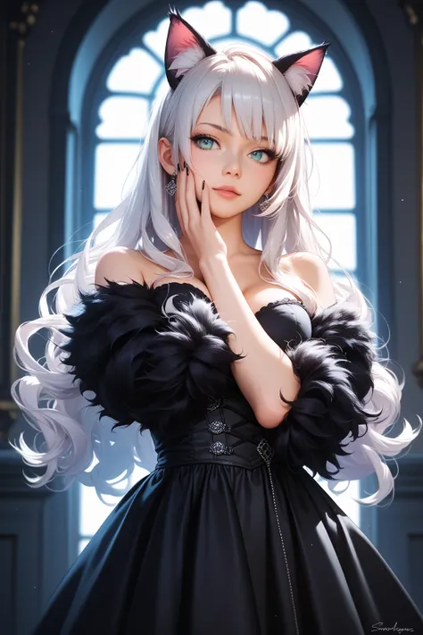 (masterpiece, best quality, highly detailed, anime style), 1girl, black cat girl, black dress, holding black cat in her arms, fluffy furred black cat ears, only animal ears, realistic feline ears on top of her head, black long fluffy hair covering the side...