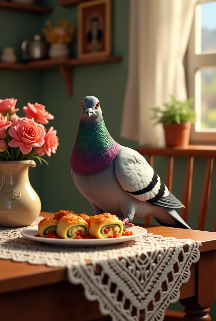 pigeon eating delicious cabbage rolls at grandma's