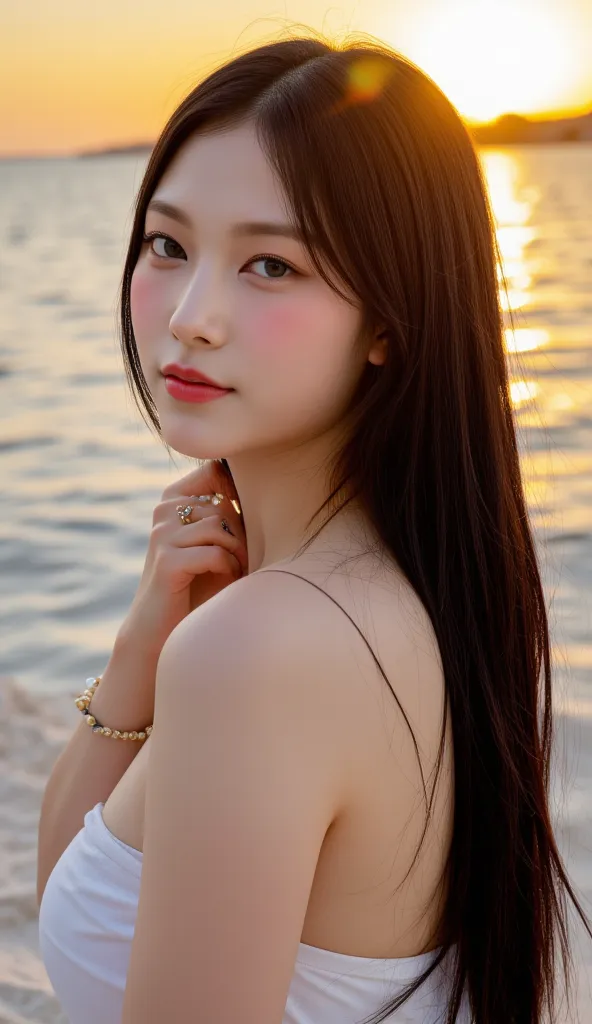 ((Face winking with one eye closed、Photo of her sitting on her side and holding her knees、Posing photos、Beautiful woman sitting、 in return、The expression of looking at me with one eye closed and winking))、((Long hair with beautiful waves of black hair wrap...