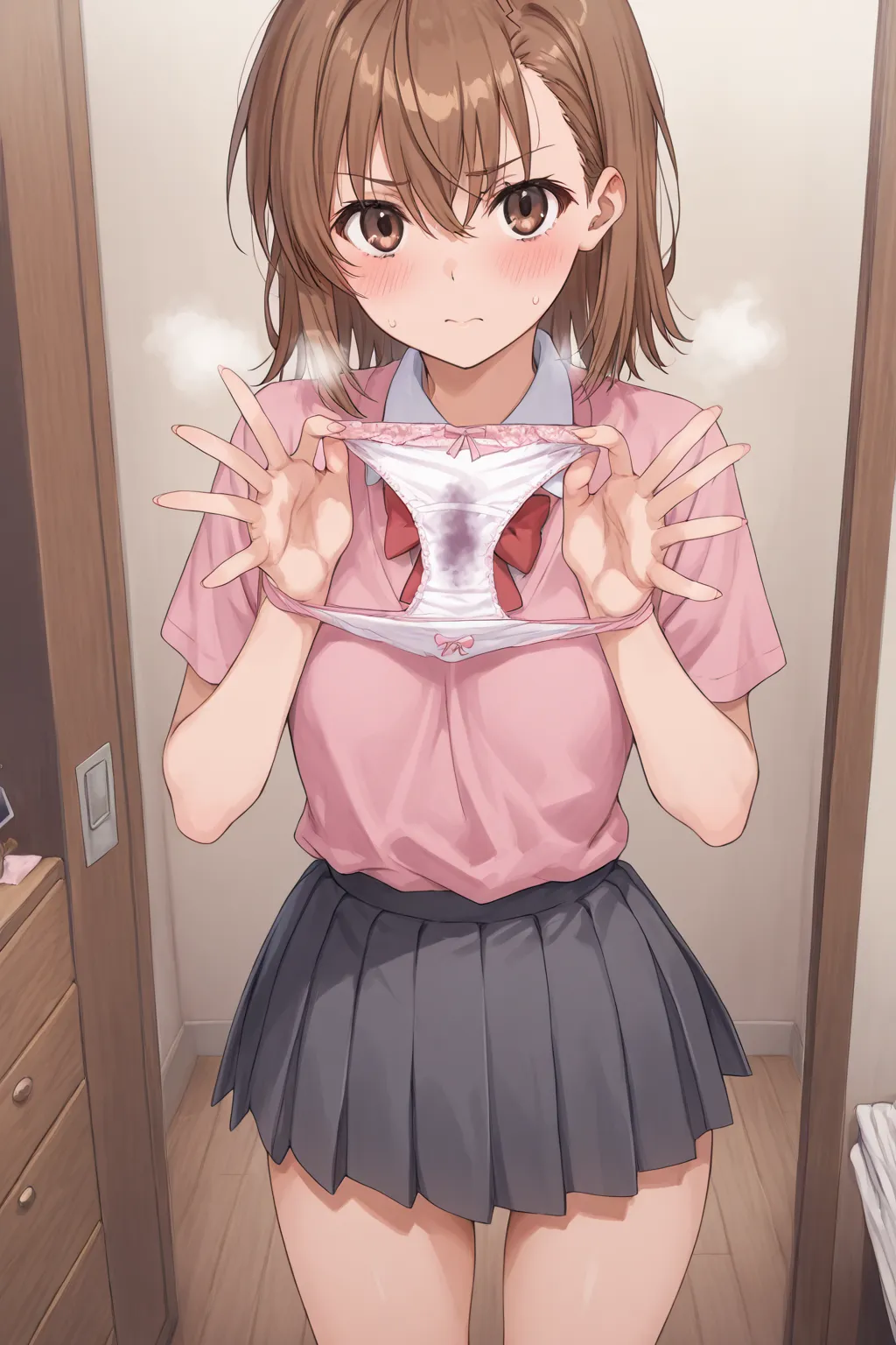 Beautiful Girl、Misaka Mikoto、pleated skirt、blush、 girly room、chest of drawers、chest of drawersの引き出しが開いている、chest of drawersの中には下着、panties in hand、holding panties with both hands、steam from panties、chest of drawersが開いてる、shows off her panties、Crotch、panties c...