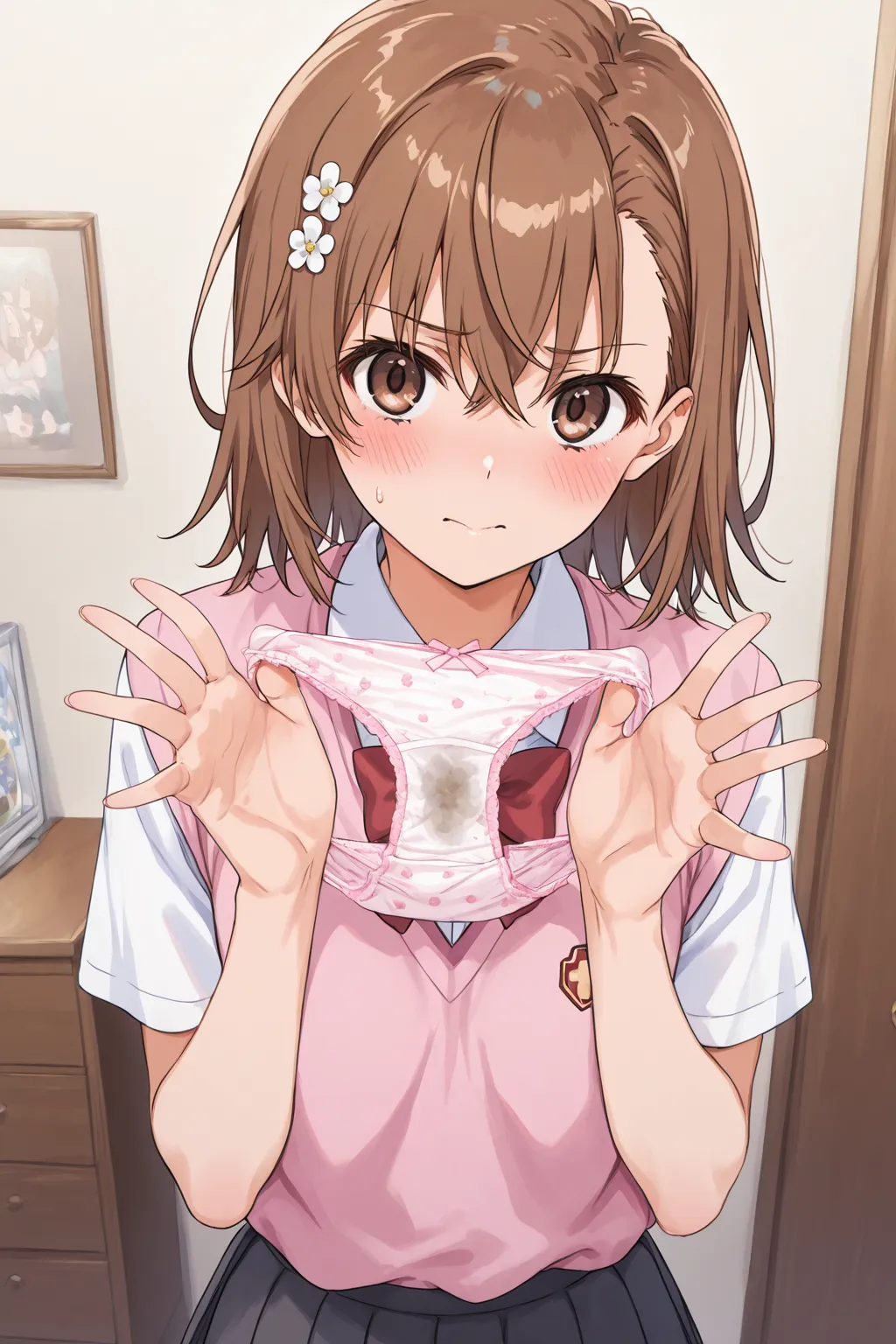 Beautiful Girl、Misaka Mikoto、pleated skirt、blush、 girly room、chest of drawers、chest of drawersの引き出しが開いている、chest of drawersの中には下着、panties in hand、holding panties with both hands、steam from panties、chest of drawersが開いてる、shows off her panties、Crotch、panties c...