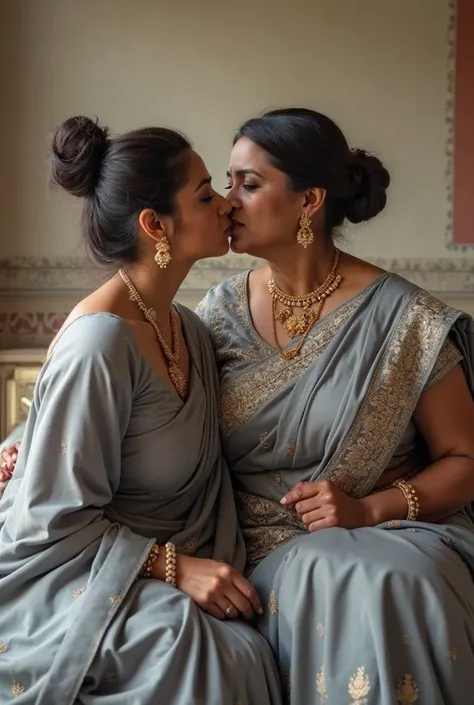 Indian 66 year old plus sized wife ,(wearing gray colour glossy bridal saree and gray colour glossy deep neck  cleavage bridal blouse, very huge swooping breasts, and big hair bun) and 47 year old girl(wearing saree) kissing on bed, very bright light, fron...