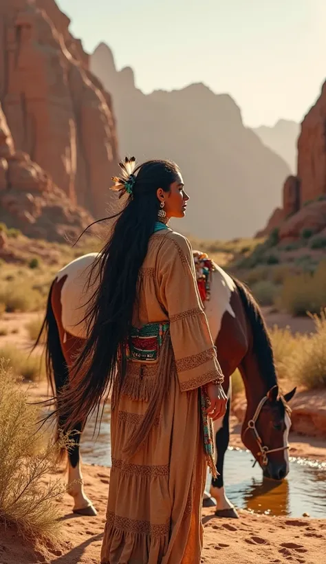 "A stunning and fierce Native American warrior woman from the Pueblo nation standing beside her horse in a desert canyon, surrounded by towering red rock formations and wild desert plants. She has long, flowing black hair decorated with turquoise beads and...