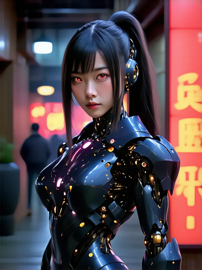 Japanese Cyborg girl, red glowing eyes, beautiful face, big breasts, perfect breasts, perfect body, onyx body armor, Cyberpunk background, sexy, seductive, high detail, masterpiece.