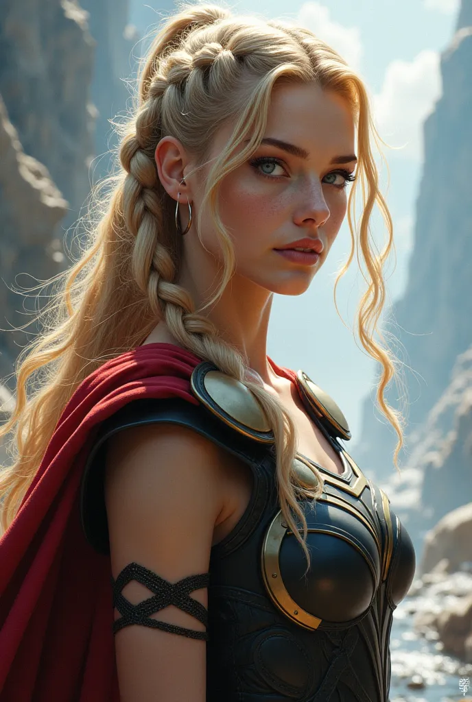 very attractive caucasian girl with very long very straight blonde hair styled in a braided ponytail , age 27, as female Thor