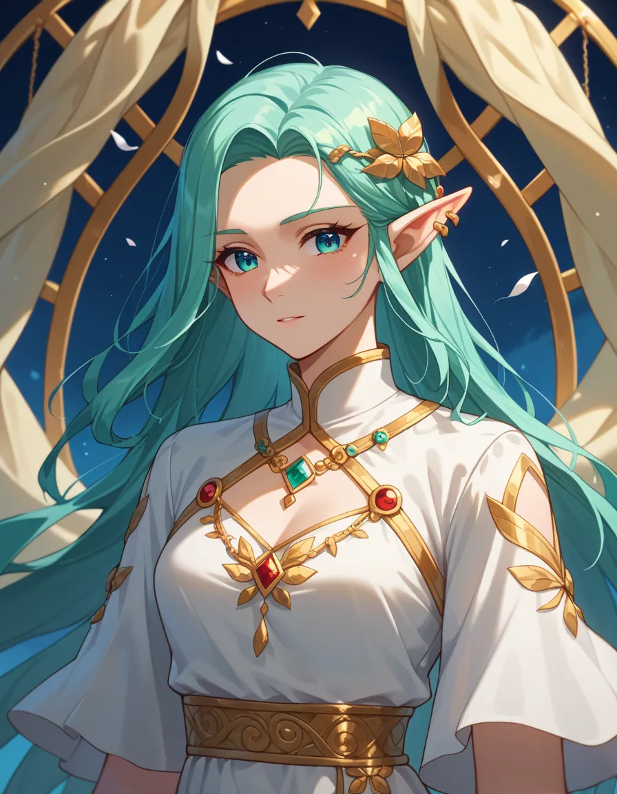 Wind singer Silier: 31-year-old ((( elf))) with a tattoo of notes and vortices, wrapping around her chest, } covered in a flowing white silk tunic with gold threads, shimmering in the wind. Her hair is platinum, flutters, Like clouds, and the harp in her h...