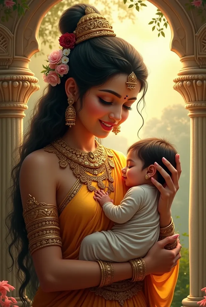 A Tamil god holds a baby in her arms 