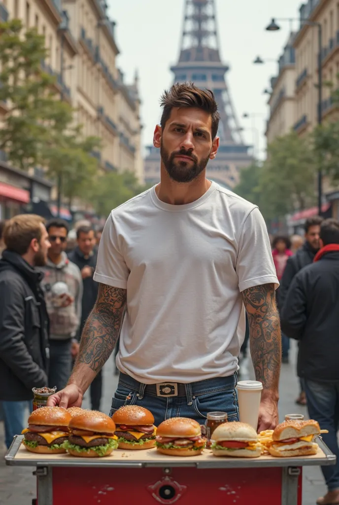 Leonel Messi selling hamburgers on the street in Paris France, well detailed and in 4k