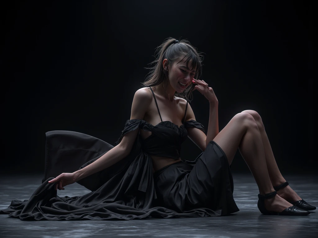 ( best quality, 8k, 32K, Masterpiece),(  black dress ) ,20 years old,  beautiful looking, medium breasts, I tied my hair,Pubic hair:5.1, great laughter, set without chest slits, Midi Dress, Lie down on the floor,Sleep on your side, Drama,  mourning, Cry, w...