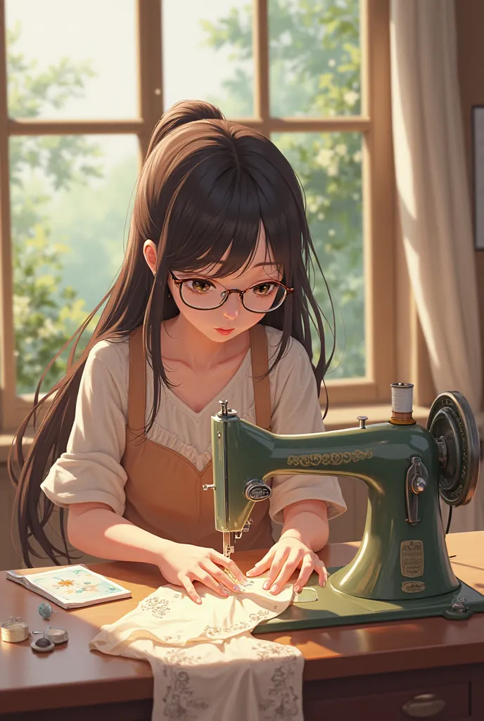 Anime girl wearing glasses sit at room tailor and sew some dress with sewing machine 