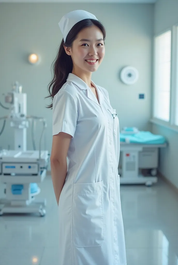 A human hologram nurse dressed in a nursing dress with cap